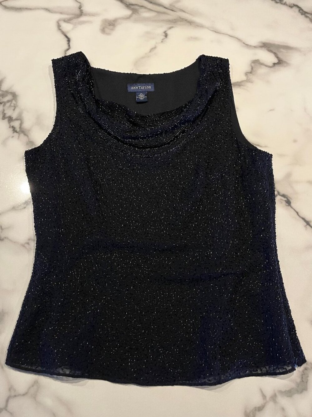 Ann Taylor 100% Silk Black Sequin Cowl Neck Sleeveless Blouse Top - Size 10